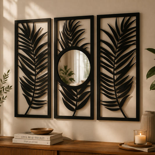 Palm Leaf Framed Wall Art with Centre Mirror – Set of 3 Hanging Frames (24×36 inch Coverage)