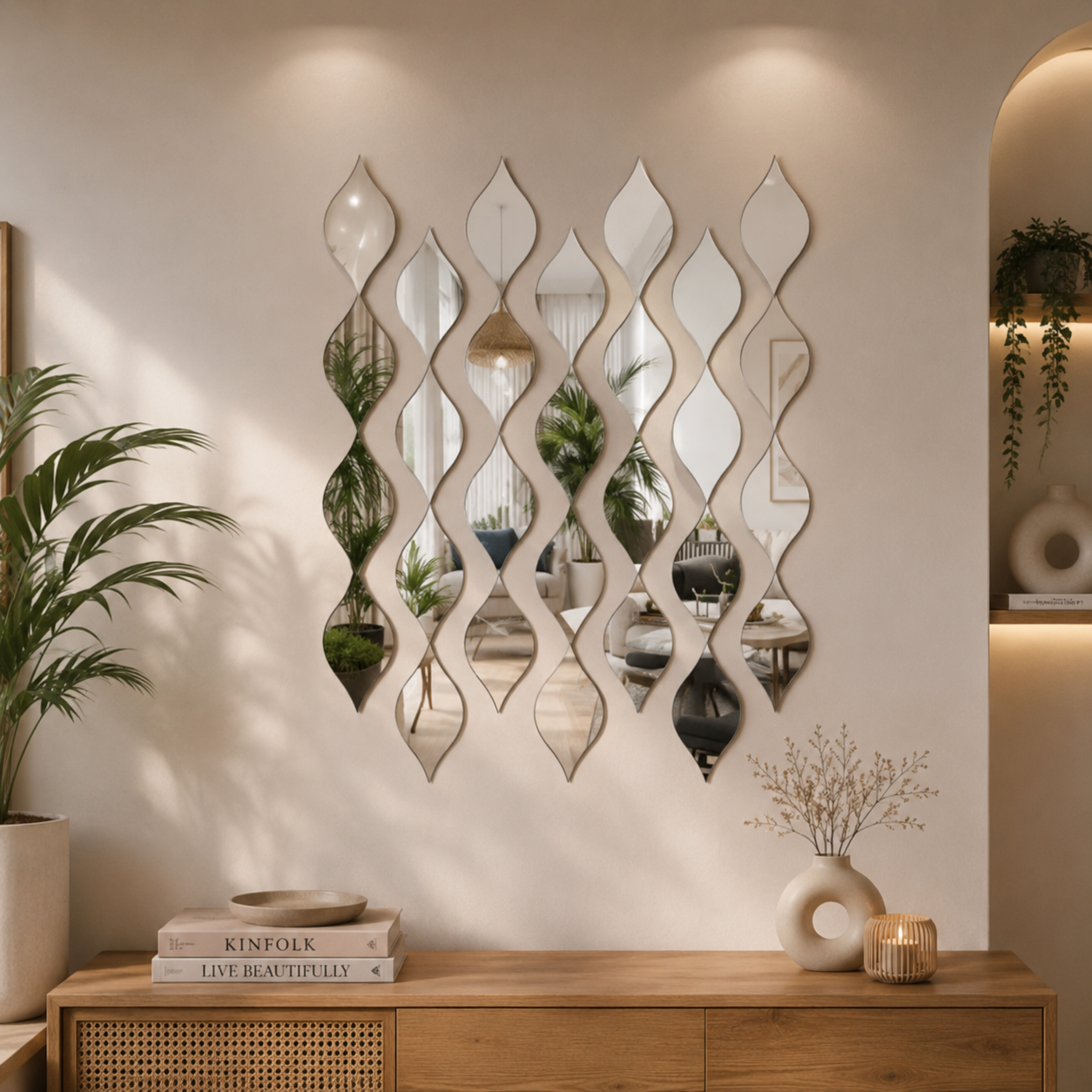 Wave Leaf Mirror Wall Stickers – Set of 18 | Self-Adhesive Acrylic Mirror Decor (Gold & Silver)
