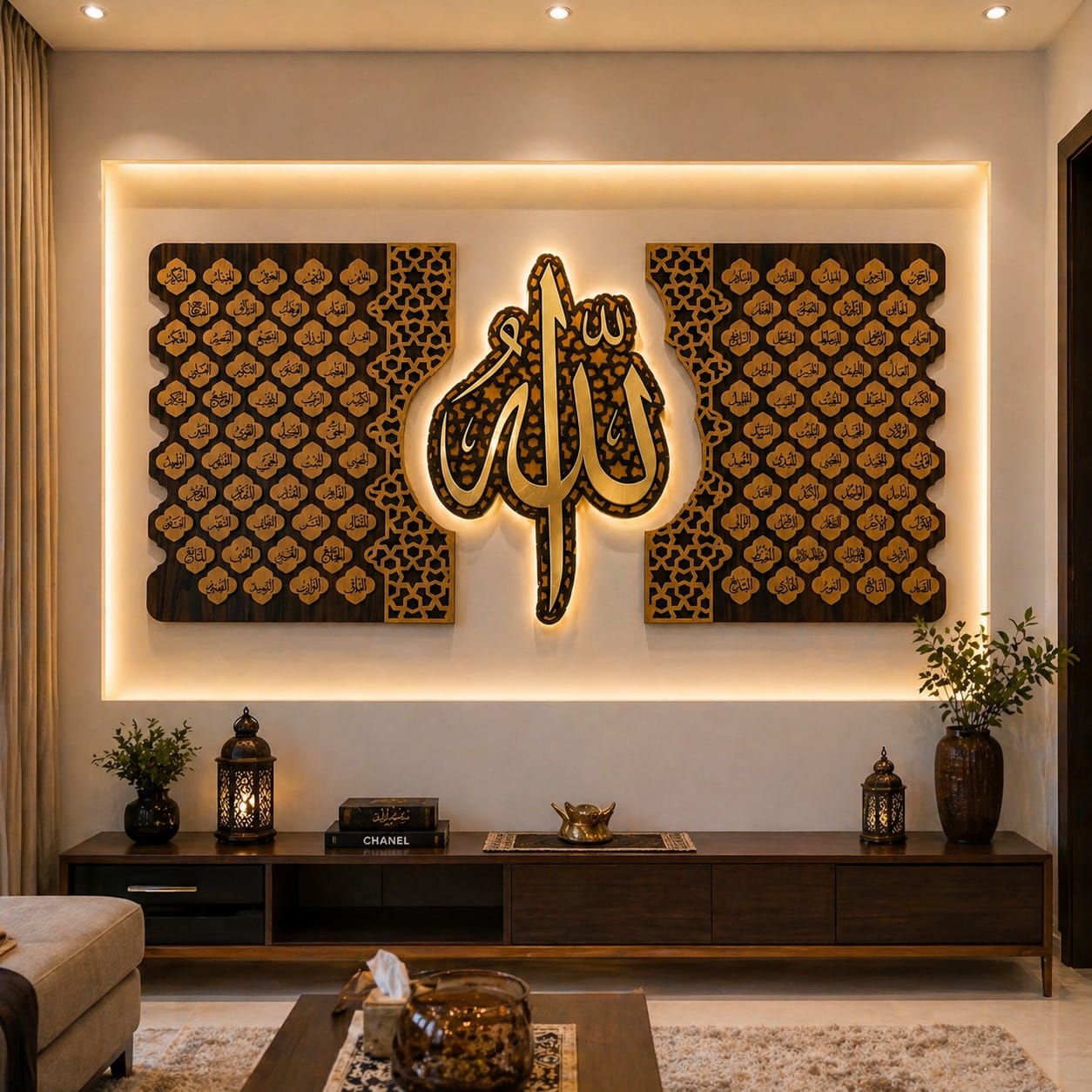 Allah 99 Names 3-Panel Wall Art | MDF Wood + Golden Mirror Acrylic | Back Lit LED