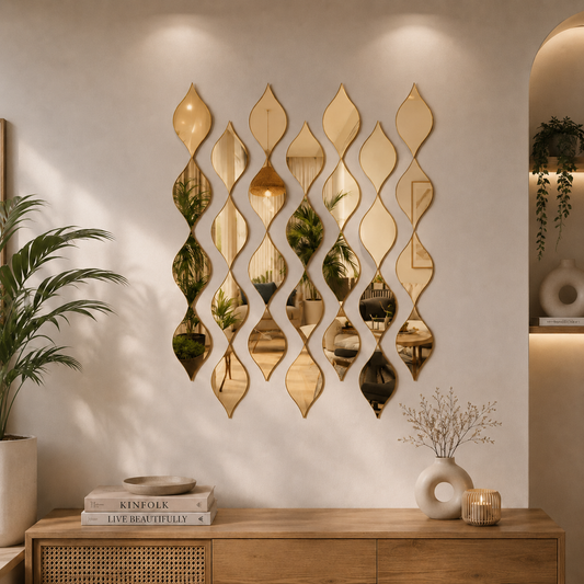 Wave Leaf Mirror Wall Stickers – Set of 18 | Self-Adhesive Acrylic Mirror Decor (Gold & Silver)
