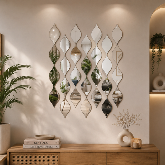 Wave Leaf Mirror Wall Stickers – Set of 18 | Self-Adhesive Acrylic Mirror Decor (Gold & Silver)