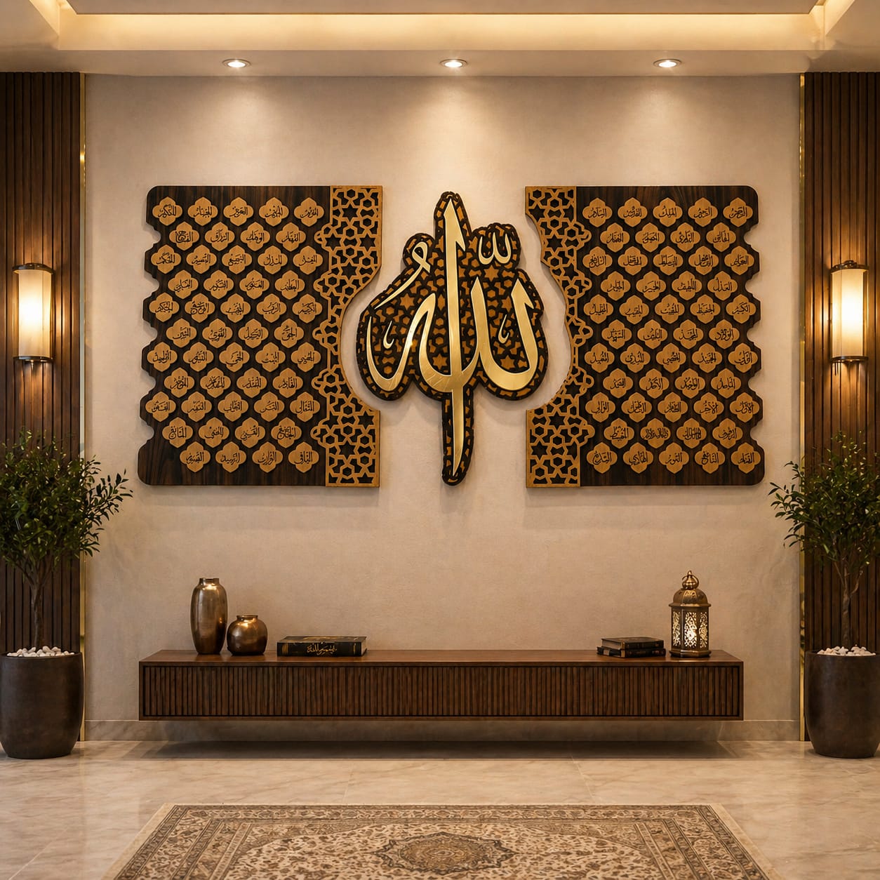 Allah 99 Names 3-Panel Wall Art | MDF Wood + Golden Mirror Acrylic | Back Lit LED