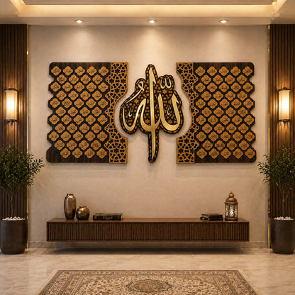 Allah 99 Names 3-Panel Wall Art | MDF Wood + Golden Mirror Acrylic | Back Lit LED