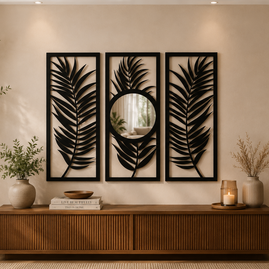 Palm Leaf Framed Wall Art with Centre Mirror – Set of 3 Hanging Frames (24×36 inch Coverage)